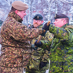 Chief Warrant Officer Mike Vollick, pictured middle, is appointed the Sergeant Major of the enhanced Force Presence (eFP) Battle Group (BG) Latvia in a Change of Command ceremony that was held December 13, 2022 at Camp Ādaži in Ādaži, Latvia. Photo By Sergeant First Class Jesus Aguilera, Spanish Army.