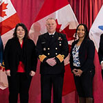 The panelists for the DND/CAF 2023 Bell Let’s Talk Day event. From left to right: Lieutenant-General Frances Allen, Vice Chief of the Defence Staff, Wanda Boudreau, President Federal Government Dockyard Chargehands Association, Captain(Navy) Iain Beck, Director Mental Health, Candice Ross, Interim Director, Anti-Racism Implementation, Bill Matthews, Deputy Minister of National Defence.