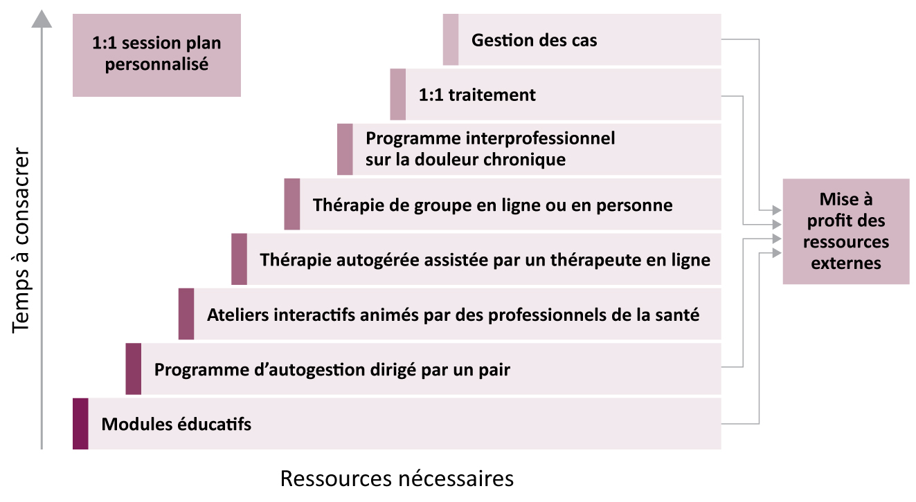 Figure 2 - Cadre de soins à huit niveaux de la clinique de la douleur de l'Hôpital d'Ottawa pour la gestion interprofessionnelle de la douleur chronique (Bell et coll., 2020)