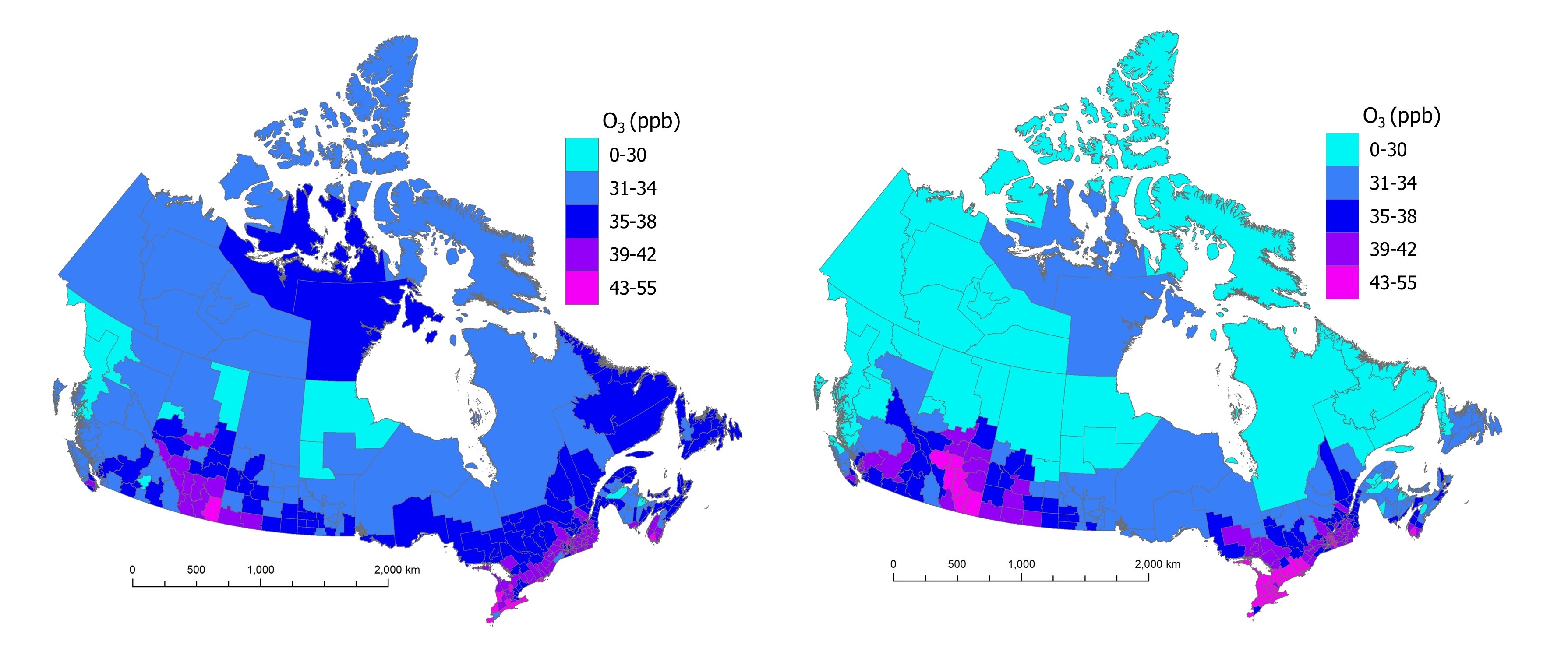 Two maps of Canada, one showing estimated annual and one showing summer average daily maximum O3 concentrations across census divisions. 