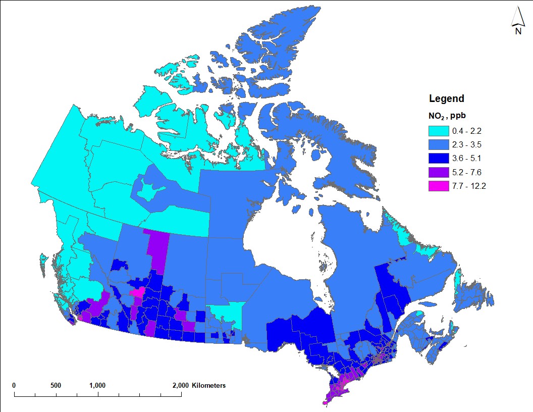 Map of Canada showing annual average NO2 concentrations for 2017 to 2019 across census divisions. Annual average NO2 estimates vary between 0.4 and 12.2 ppb.