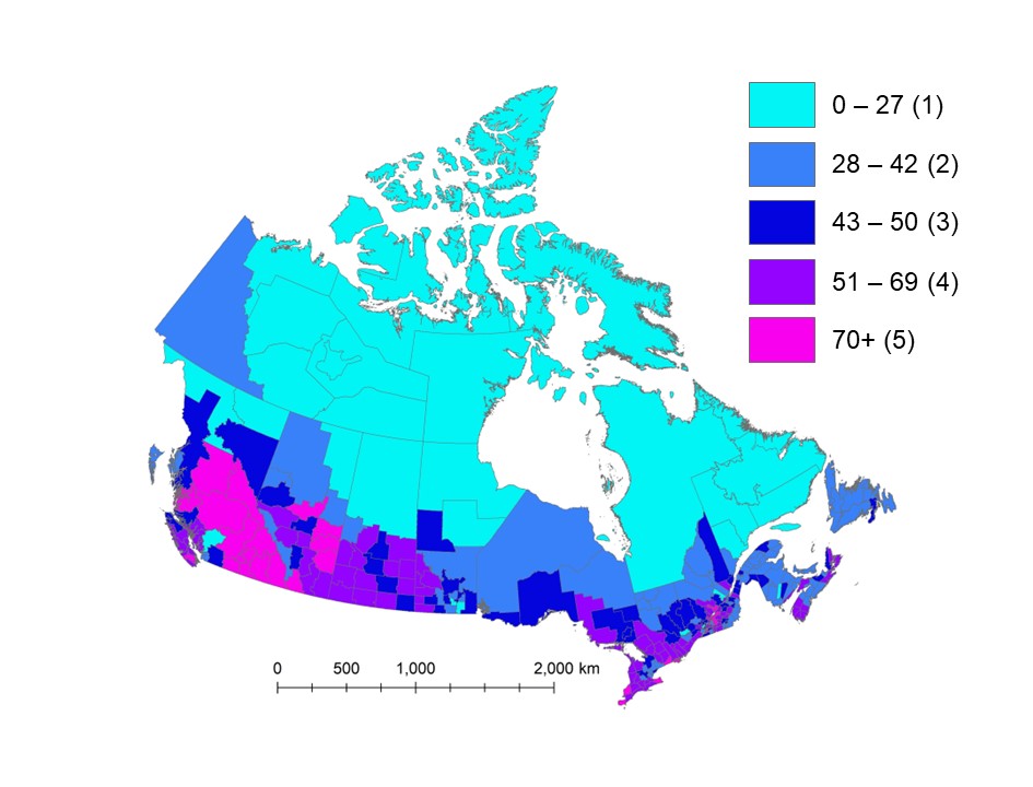 Map of Canada showing premature deaths per 100,000 people associated with exposure to NO2, O3 and PM2.5 air pollution across census divisions in 2018. 
