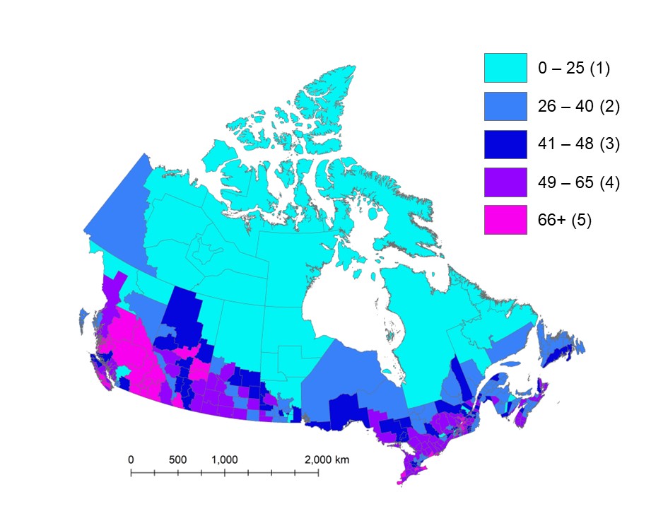 Map of Canada showing premature deaths per 100,000 people associated with exposure to NO2, O3 and PM2.5 air pollution across census divisions in 2019. 