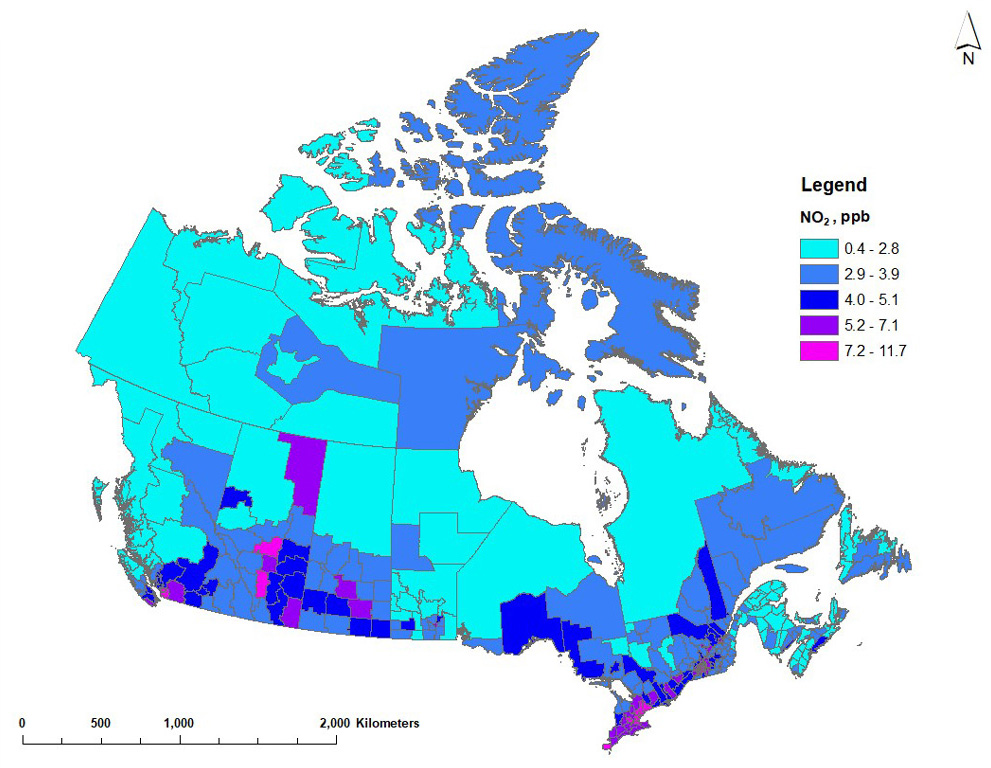 Map of Canada showing annual average NO2 concentrations for 2018 to 2020 across census divisions. Annual average NO2 estimates vary between 0.4 and 12.2 ppb.