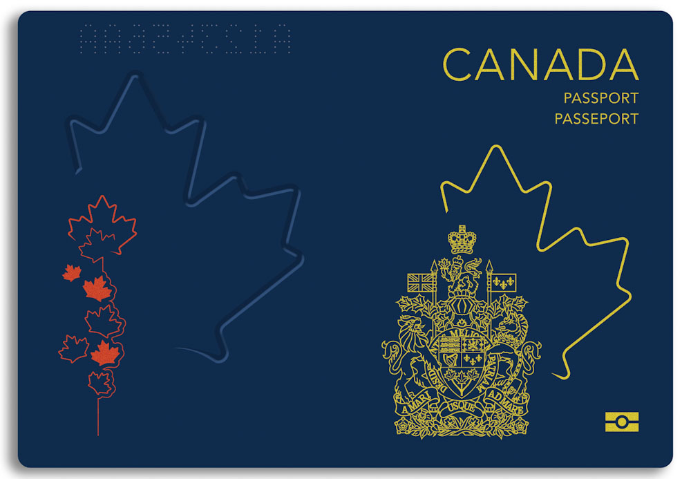 The front and back cover of the new passport booklet is shown with various maple leaf design elements.