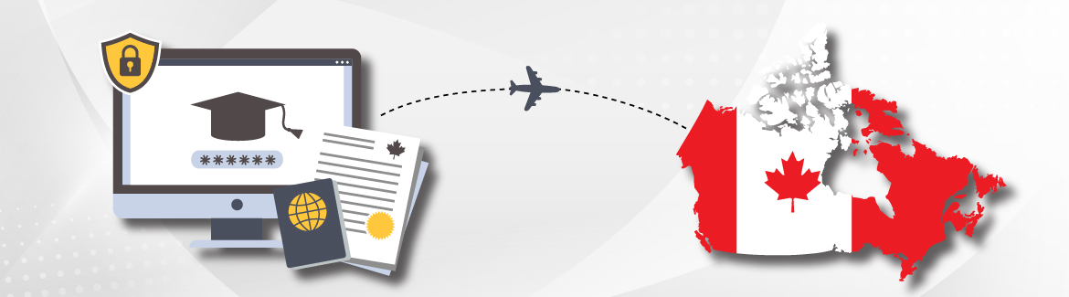 Une illustration représentant un ordinateur, des documents et un passeport, avec un avion pointant vers une carte du Canada.