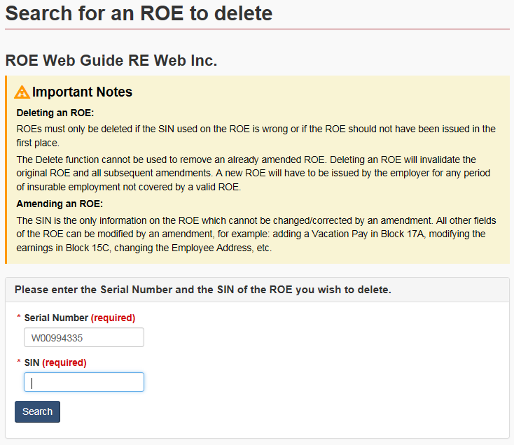 Figure 39: Search for an ROE to delete page