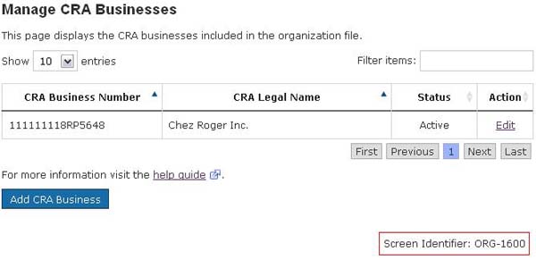 Representation of the links to Edit and Add CRA Business.