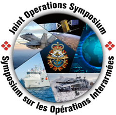 Joint Operations Symposium logo. It is a circle with a pentagon in the centre. In the middle is the Canadian Armed Forces crest. Surrounding it are images representing the five domains: cyber (an abstract graphic of the globe), space (a satellite in orbit), air (a CF-188 Hornet multi-role fighter aircraft), sea (the Royal Canadian Navy, Arctic Offshore Patrol Ship HMCS Harry DeWolf), and land (a Leopard 2A4M main battle tank). 