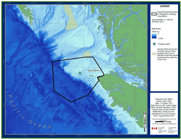 Map of the coast of British Columbia showing the proposed Scott Islands marine National Wildlife Area (NWA). (see long description below)