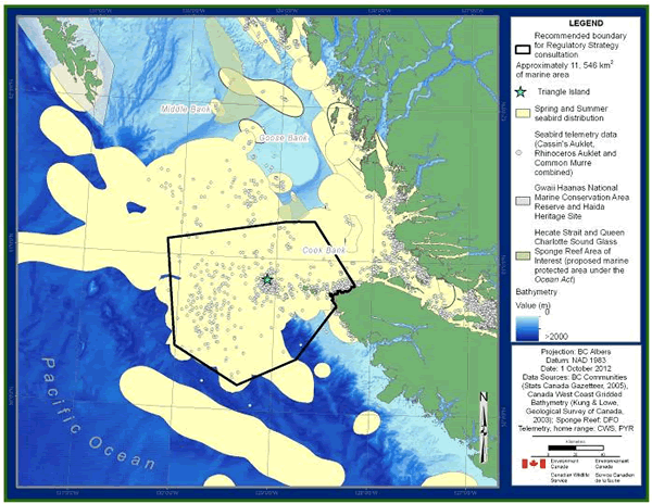 Map Canada’s Pacific coast that shows recommended boundary for Regulatory Strategy consultation with seabird data. (see long description below)