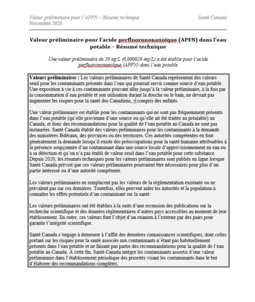 Valeur préliminaire pour l’acide perfluorononanoïque (APFN) dans
              l’eau potable – Résumé technique