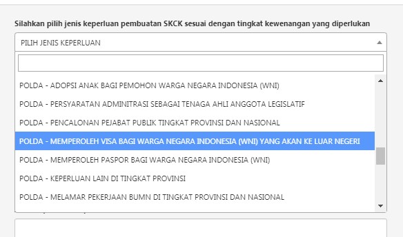 The highlighted option is “Memperoleh visa bagi warga negara Indonesia (WNI) yang akan ke luar negeri”.