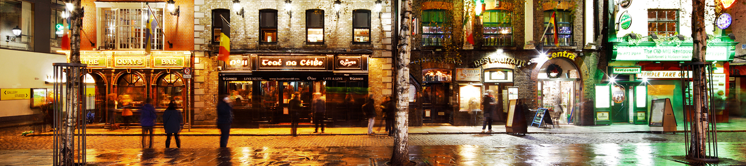A busy pub street at night in Ireland