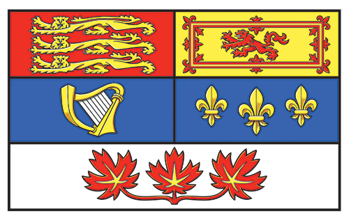 Bannière des Armoiries royales du Canada, avec des feuilles d’érable, les lions d’Angleterre et d’Écosse, la harpe d’Irlande et les fleurs de lis de la France.