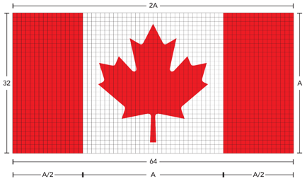 Diagram of the National Flag of Canada showing the proportions of 2:1 - two by length and one by width.