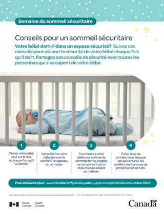 Une affiche montrant 4 conseils pour dormir en toute sécurité pour les bébés. L'image montre un bébé dormant sur le dos.