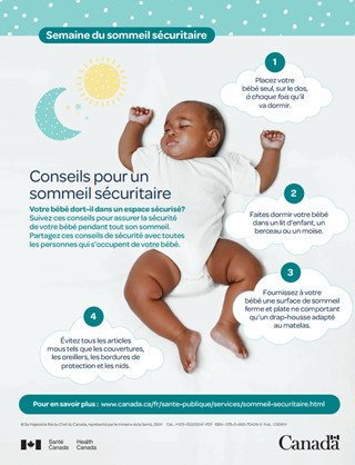 Une affiche montrant 4 conseils pour dormir en toute sécurité pour les bébés. L'image montre un bébé dormant sur le dos.
