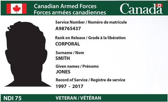 An image of a hand holding a Veteran's Service Card. The card is bilingual and displays a member's service number, rank on release, surname, given names, record of service and a headshot image.