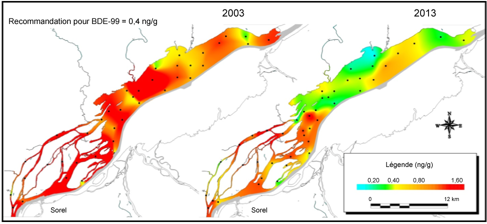 Concentrations de pentaBDE dans les sédiments du lac Saint-Pierre, Canada, 2003 et 2013 (voir le tableau de données ci-dessous pour la description longue)