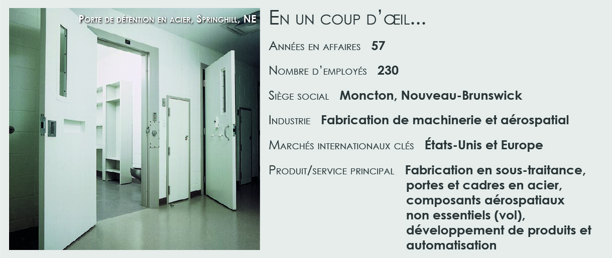 L’image montre une photo de porte de détention en acier à Springhill, Nouvelle-écosse, ainsi que les statistiques suivantes « en un coup d’œil. » : Années en affaires – 57; Nombre d’employés – 230; Siège social – Moncton, Nouveau-Brunswick; Industrie – Fabrication de machinerie et aérospatial; Marchés internationaux clés – états-Unis et Europe; Produit/service principal – Fabrication en sous-traitance, portes et cadres en acier, composants aérospatiaux non essentiels (vol), développement de produits et automatisation.