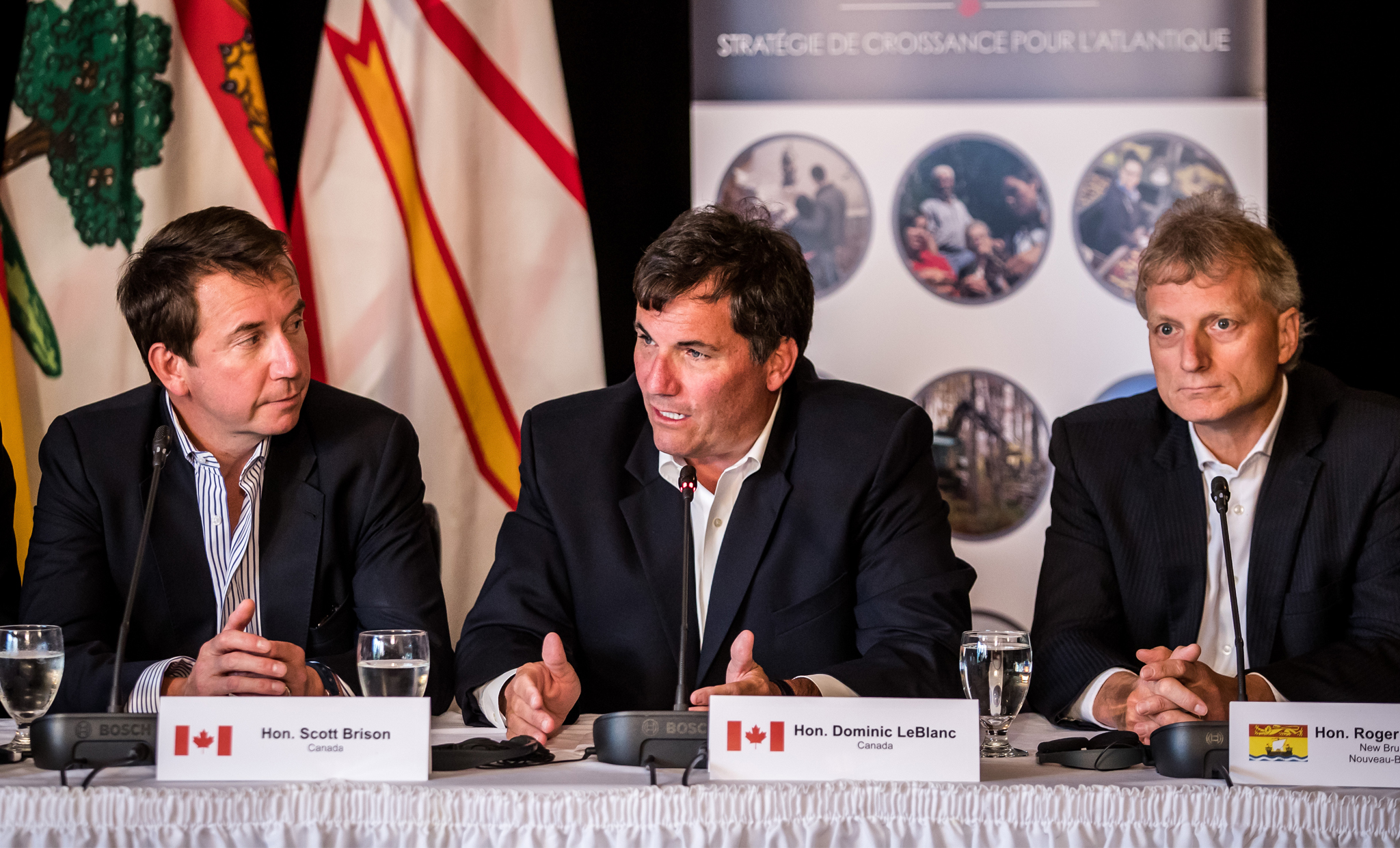 July 11, 2017 - Minister of Fisheries, Oceans and Canadian Coast Guard Dominic LeBlanc speaks at July 11, 2017, Atlantic Growth Strategy news conference in Humber Valley, NL. Also in the photo, Treasury Board President Scott Brison and Province of New Brunswick Minister responsible for Trade Policy Roger Melanson.