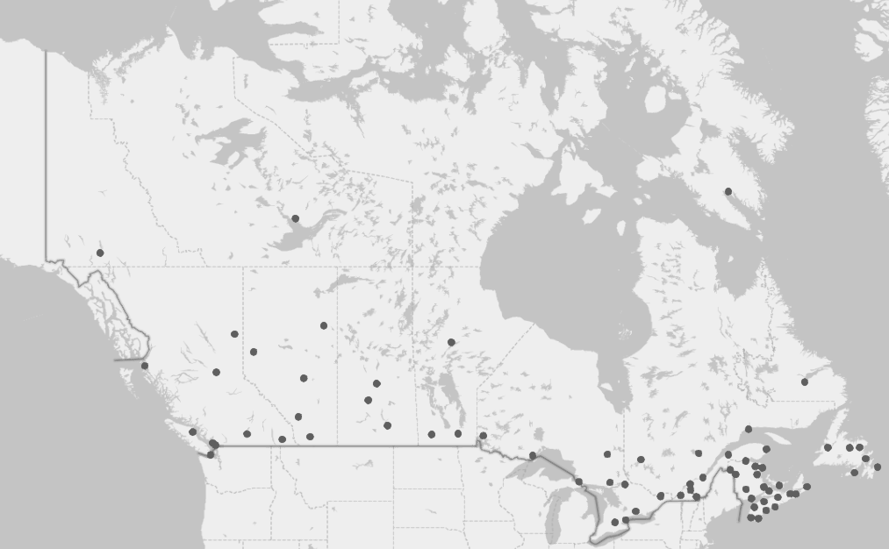 Map of Canada indicating locations of regional development agencies.