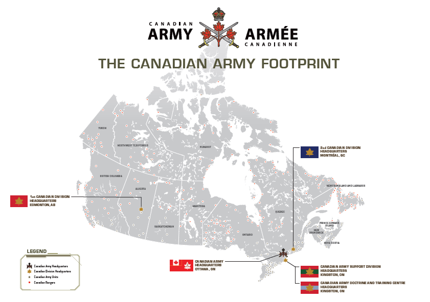 Map showing the Canadian Army’s headquarters, division headquarters, units and Canadian Ranger locations across Canada.