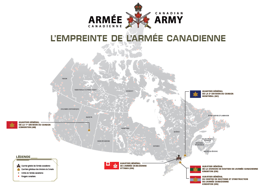 Carte montrant l’emplacement du quartier général de l’Armée canadienne, des quartiers généraux des divisions du Canada, des unités de l’Armée canadienne et des Rangers canadiens partout au Canada.