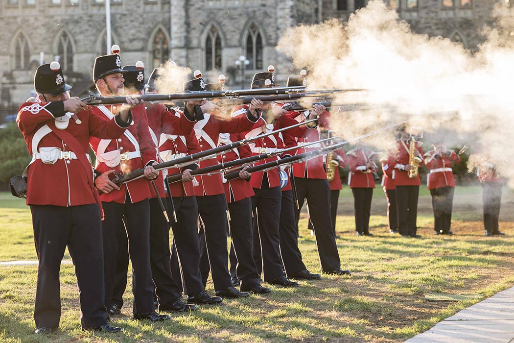 The Royal Hamilton Light Infantry Ceremonial (Wentworth Regiment) 13th Battalion Ceremonial Guard performs shooting drills as a part of the annual Fortissimo event on Parliament Hill in Ottawa, Ontario on July 19, 2018. Photo: Ordinary Seaman Camden Scott, Army Public Affairs. ©2018 DND/MDN Canada.