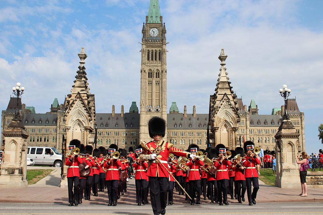 Memebrs of the Ceremonial Guard march on Parliament Hill.