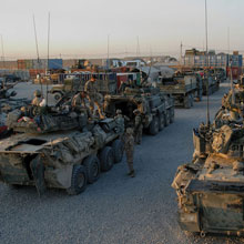 Des véhicules Coyote entourés de groupes de militaires.