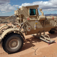 The pronounced V-shape of the Husky’s hull is designed to deflect blasts from under the vehicle. 