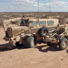 Deux véhicules Husky et un Buffalo (gauche).