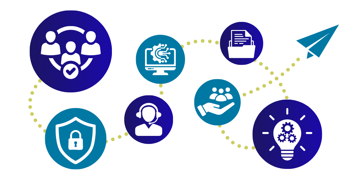 Blue circles with icons representing support services are linked by a yellow line leading to a paper airplane.