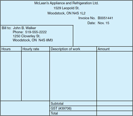 An invoice from an appliance and refrigeration company with missing service and cost details