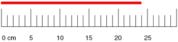 This is an image of a ruler or measuring tape in centimeters from zero to thirty. The red line represents the cable measuring twenty four centimeters.