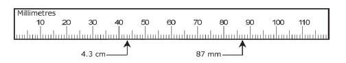 a diagram of a ruler with  4.3cm and 87mm clearly marked