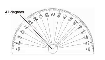 a diagram of a protractor with 47  degrees clearly marked