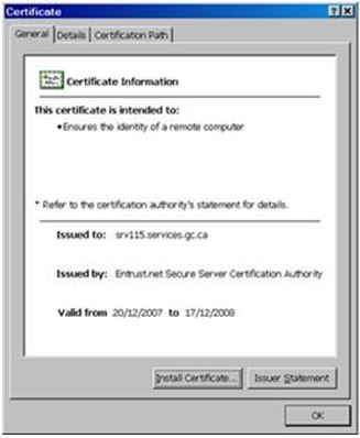 General and detailed certificate information, how to install a certificate, and an option to view the issuer statement.