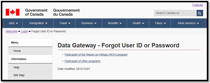 Links to instructions on how to reinstate a user ID or password for Data Gateway when forgotten.