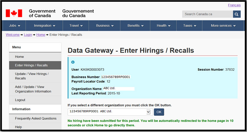 The Enter Hirings/Recalls page is refreshed and displays a confirmation message.