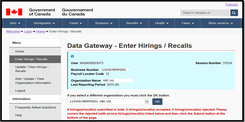 Statistics on invalid hiring and recall records plus processing instructions after page refresh.