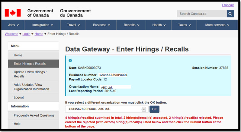 Statistics on valid and invalid hiring and recall records plus processing instructions after page refresh.