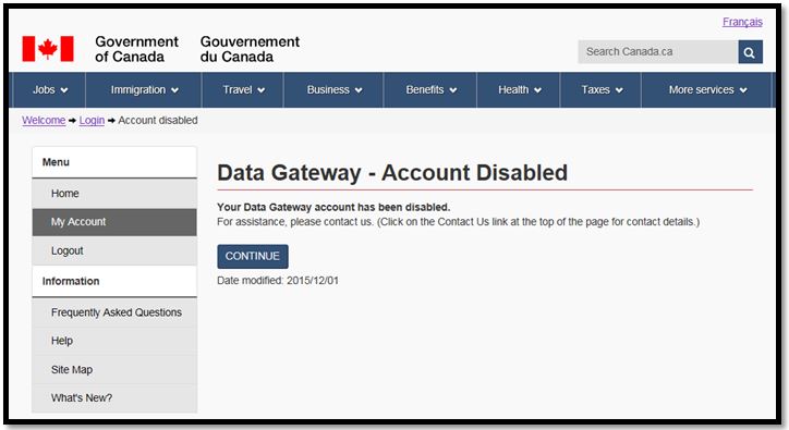 Data Gateway account is disabled messaging and instruction on how to contact someone for assistance.
