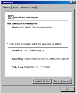 General and detailed certificate information, how to install a certificate, and an option to view the issuer statement.