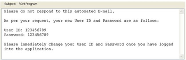 An example of an automated email describes User ID and Password information to the recipient.