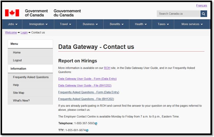 Additional information and links are presented when the Report on Hirings link is selected from the ‘Contact Us’ program list.