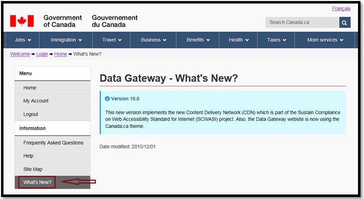 Messaging on version updates or changes to Data Gateway appear when ‘What’s New’ is selected.