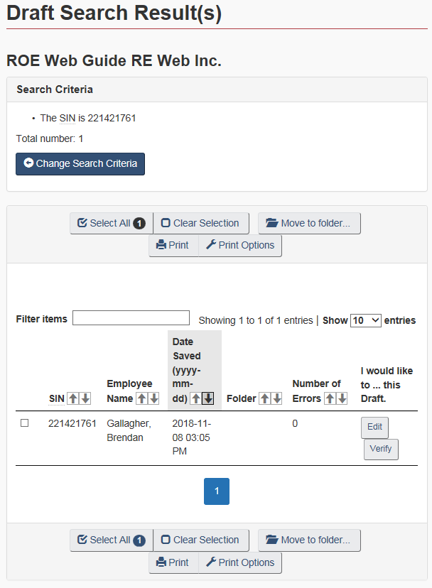 Figure 32: Draft search result(s) screen